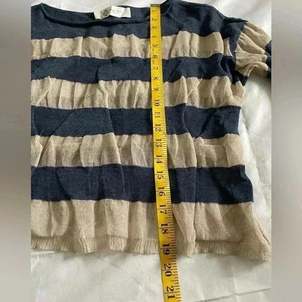 May Hsu OS (One Size) Crop Top Blue Cream Stripe Sheer Roll Boat Neck Pleat Det